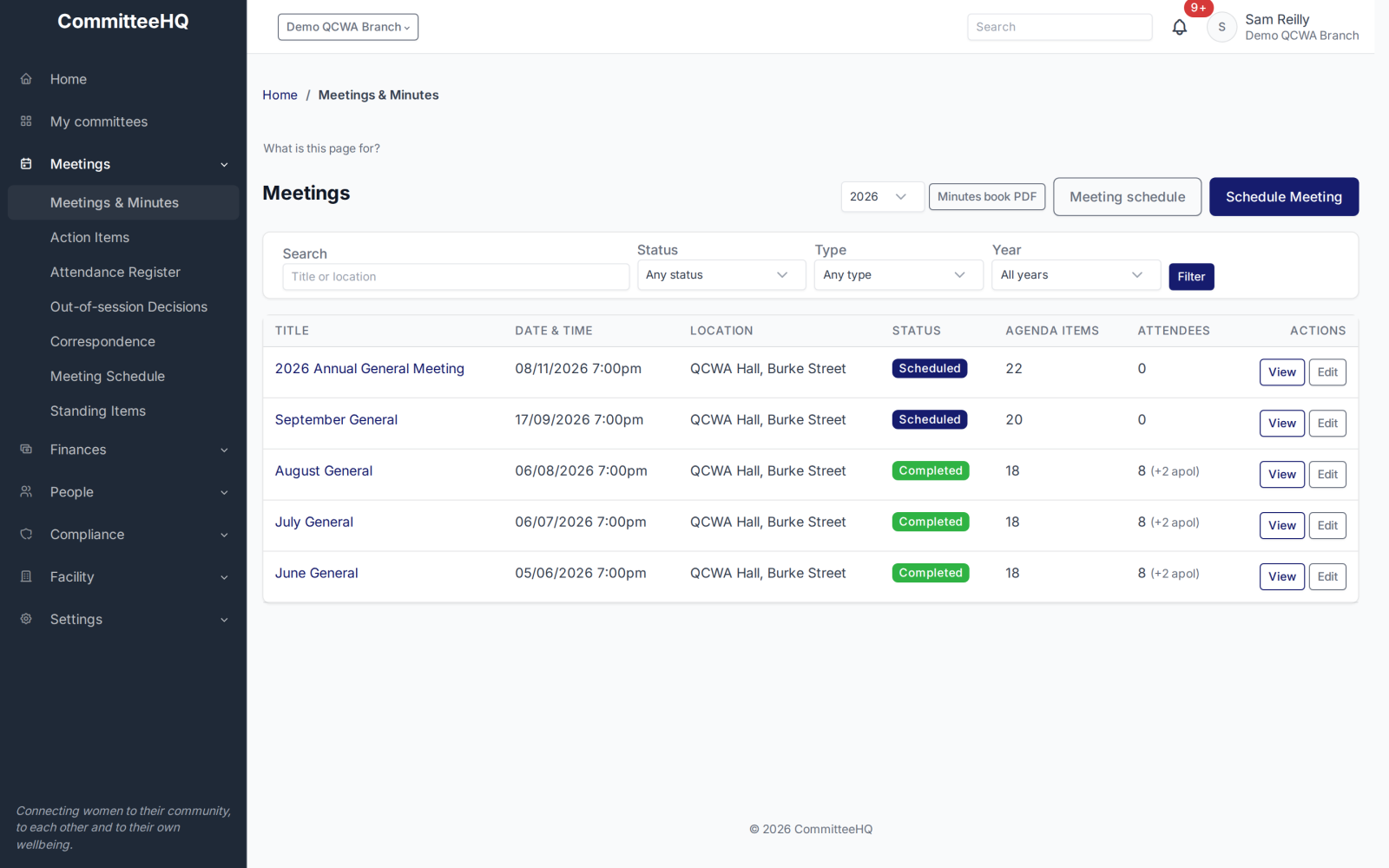 The meetings list, showing what is coming up and what has minutes recorded.