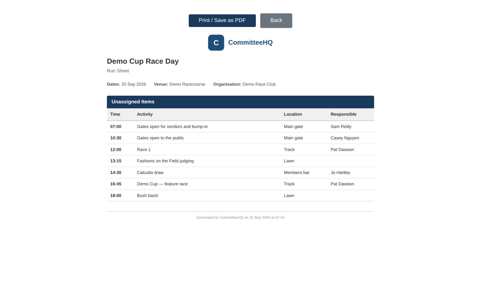 The run sheet for an event, listing what happens and when.